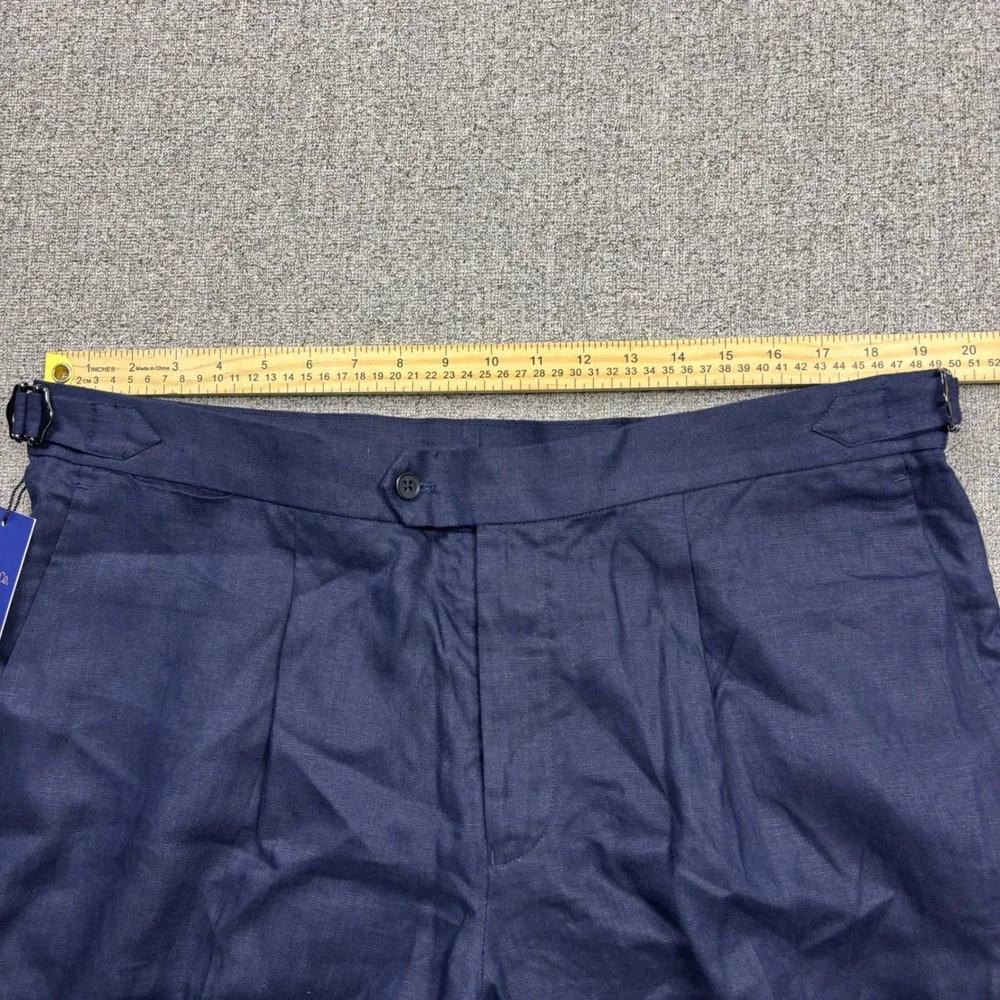 Collars & Co. Trousers Mens 38x32 Amalfi Navy Blue Linen Pleated Side Adjusters